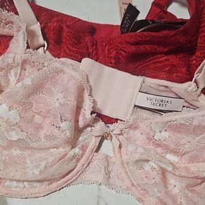Victorias Secret Floral Lace Underwire Bra Set 34DDD Pink & Red Adjustable Strap
